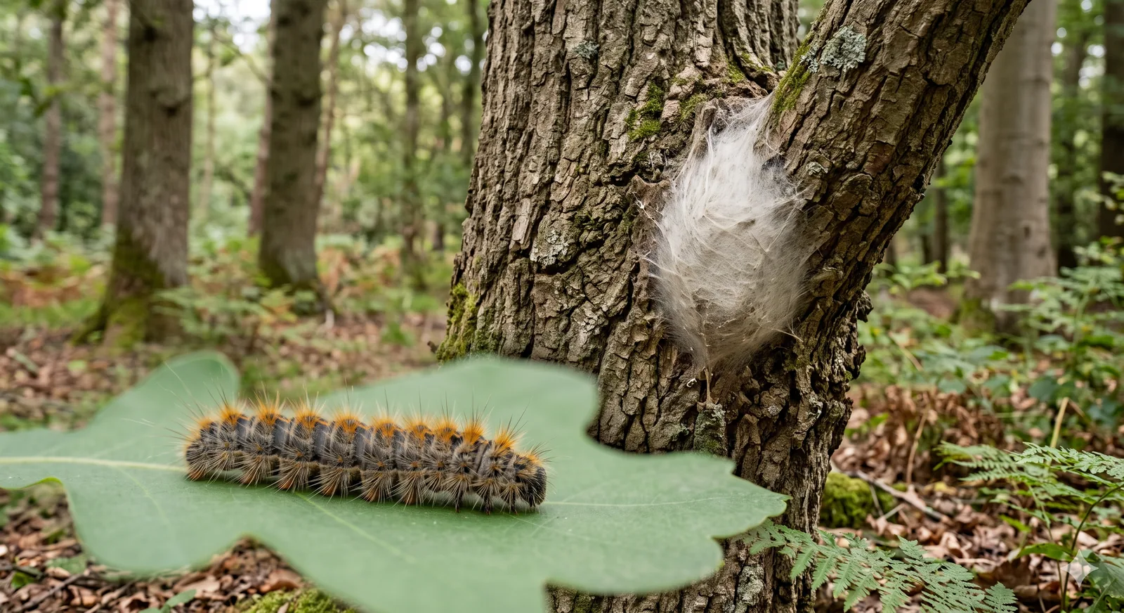Oak processionary moth nest and caterpillars on an oak trunk, hazard tape or warning context, UK woodland