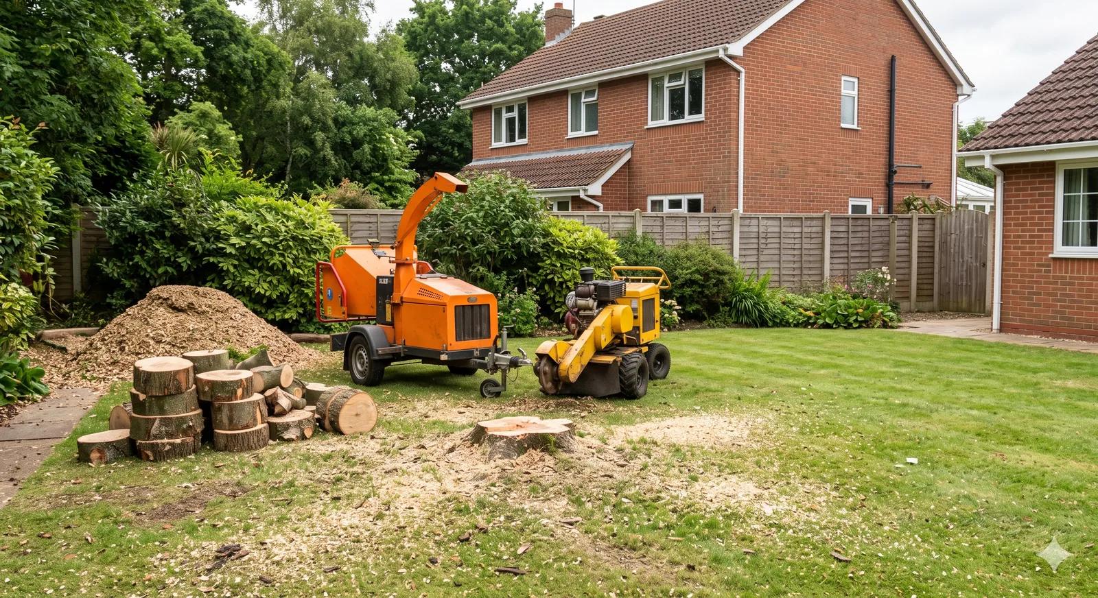 A tree with lower branches removed for clearance over a lawn and driveway, crown lifting result