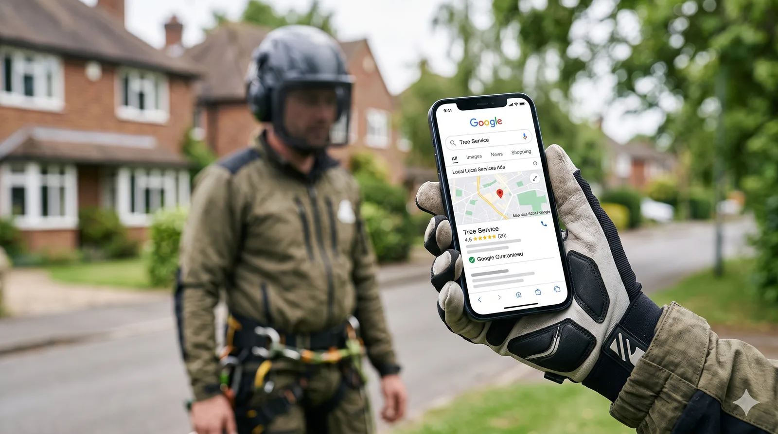 A tree surgeon holding a phone showing a Google Local Services Ads result with the Google Guaranteed badge, outside a UK suburban home