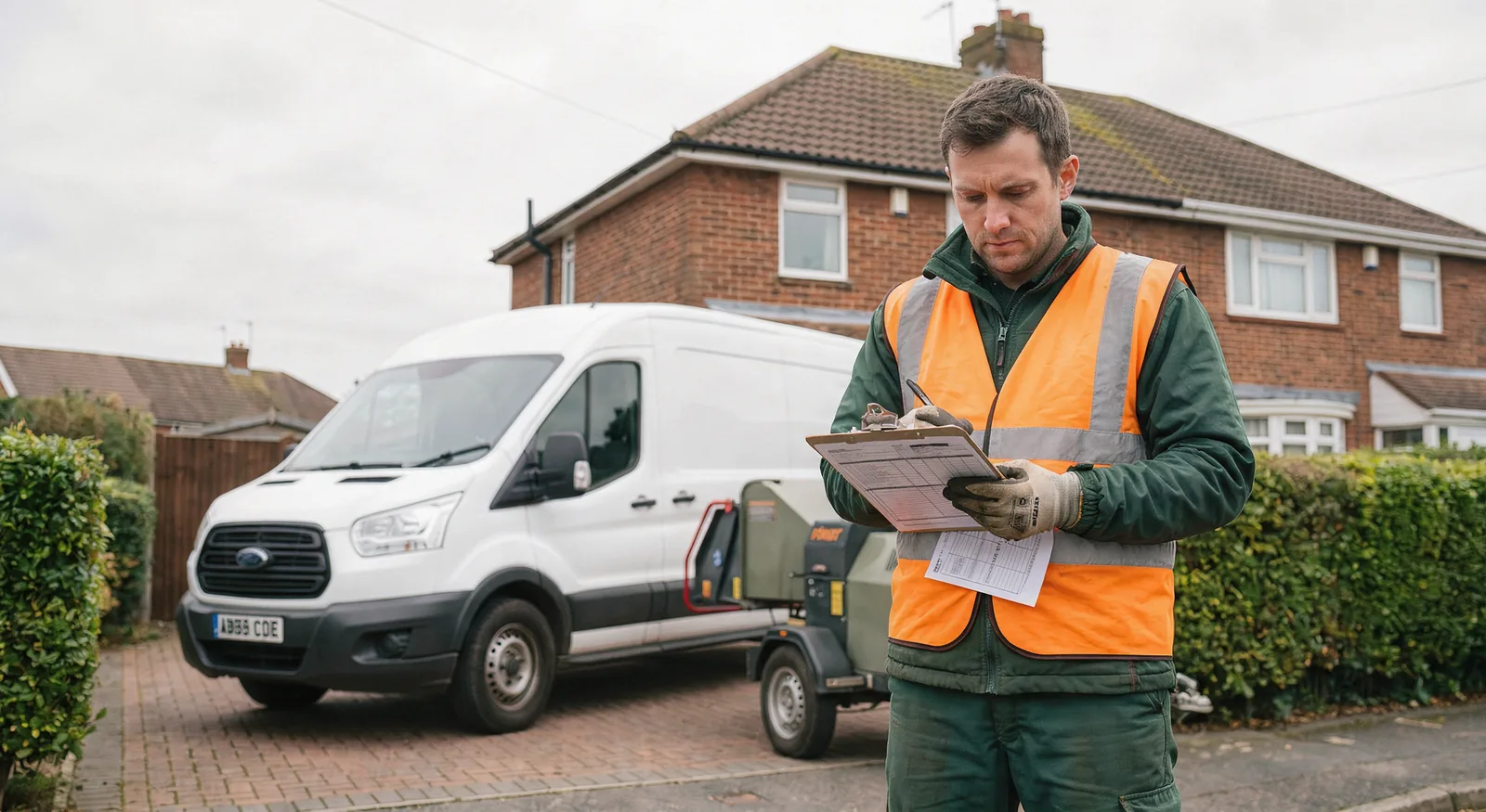 Tree surgeon reviewing paperwork on a clipboard beside a wood chipper and van