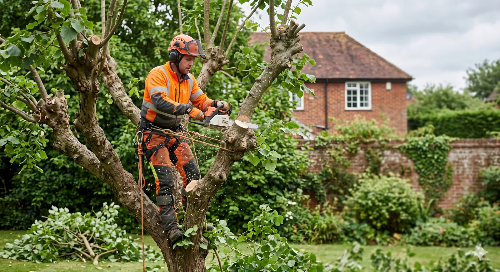 An arborist pollarding a tree, cutting back to established pollard points, UK setting